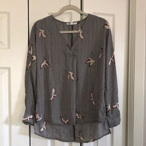 DR2 Striped Bird-Print Long Sleeve Tunic - Black, White & Pink